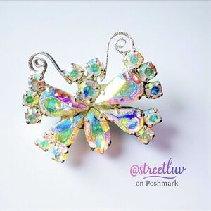 B David Iridescent Rhinestone Mini Butterfly Brooch Vintage Signed